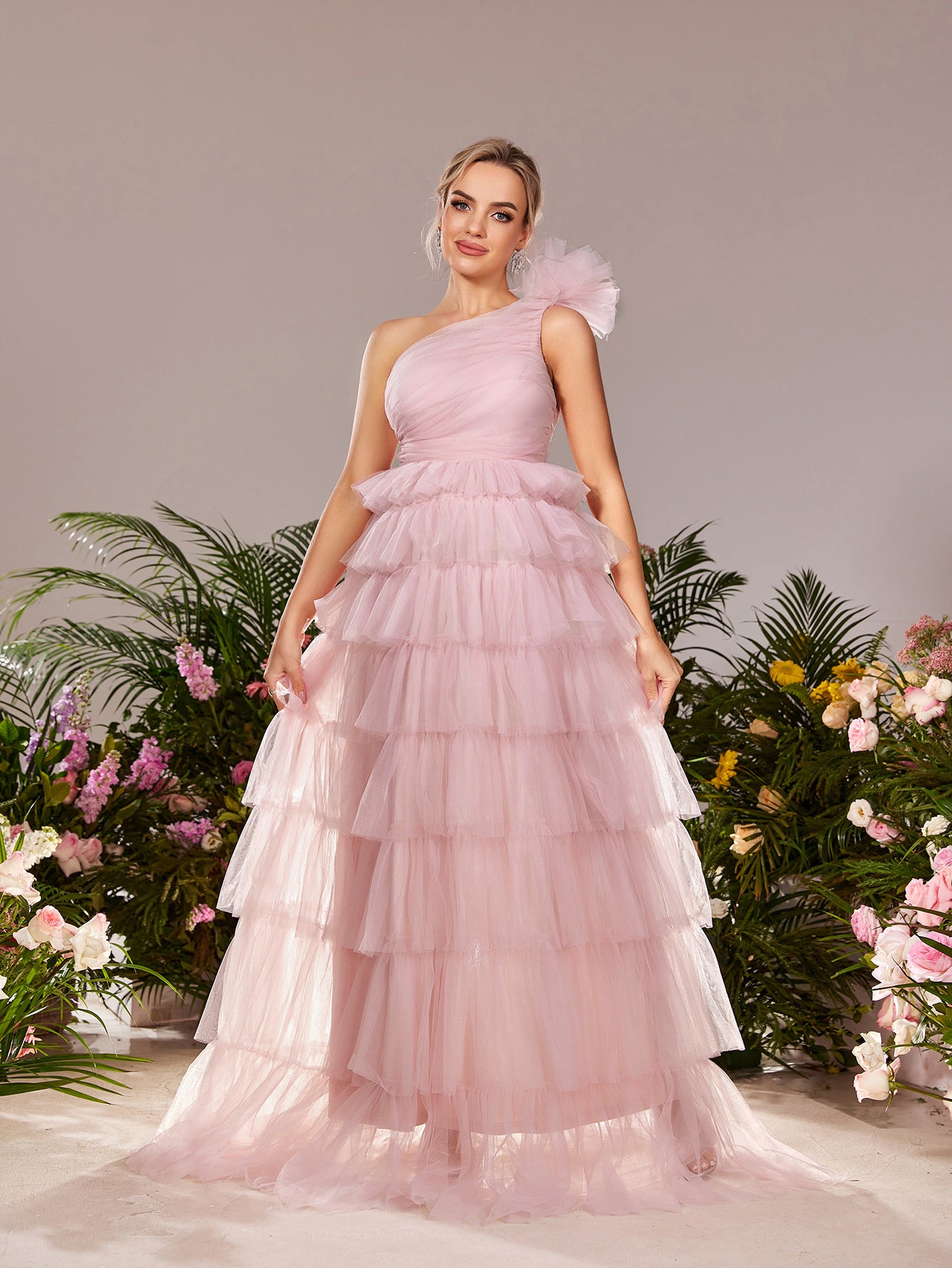 Maternity One Shoulder Ruffle Layered Hem Tulle Prom Dress