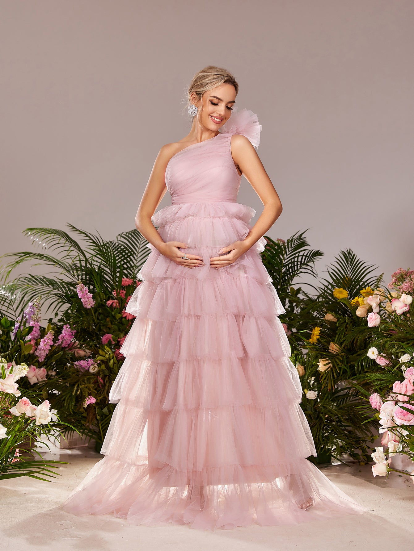 Maternity One Shoulder Ruffle Layered Hem Tulle Prom Dress