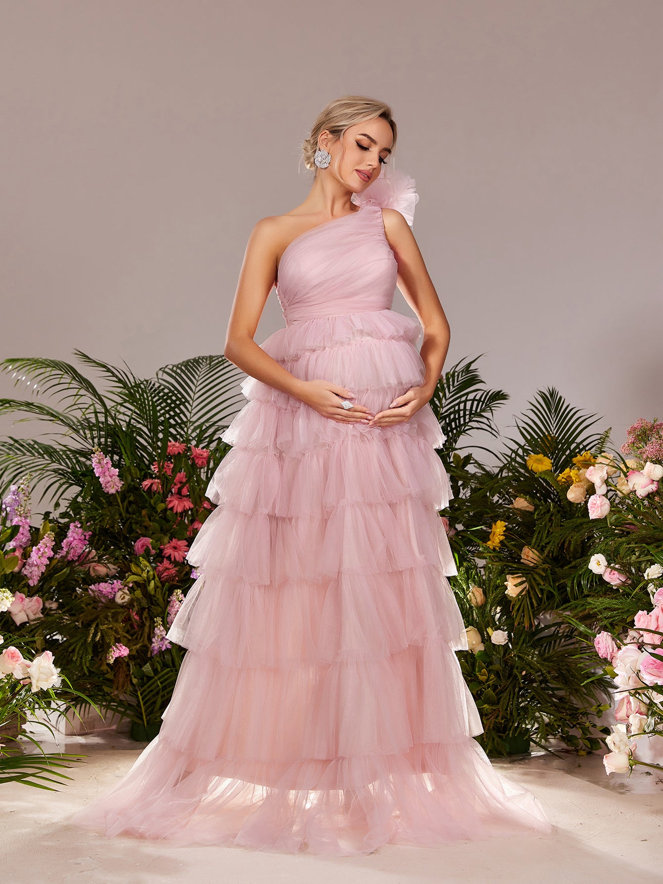 Maternity One Shoulder Ruffle Layered Hem Tulle Prom Dress