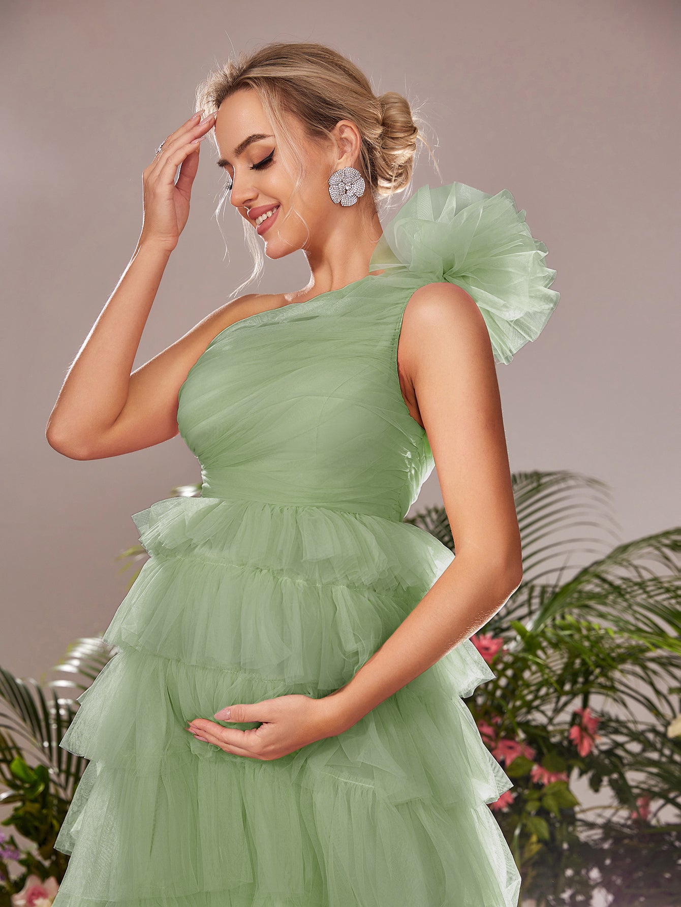 Maternity One Shoulder Ruffle Layered Hem Tulle Prom Dress