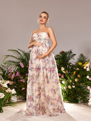 Maternity Strapless Ruffle Trim Floral Mesh Party Dress