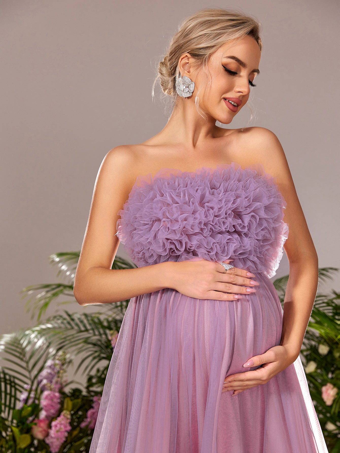 Maternity Ruffle Trim Mesh Overlay Strapless Party Dress