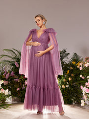 Maternity Plunging Neck Mesh Party Dress