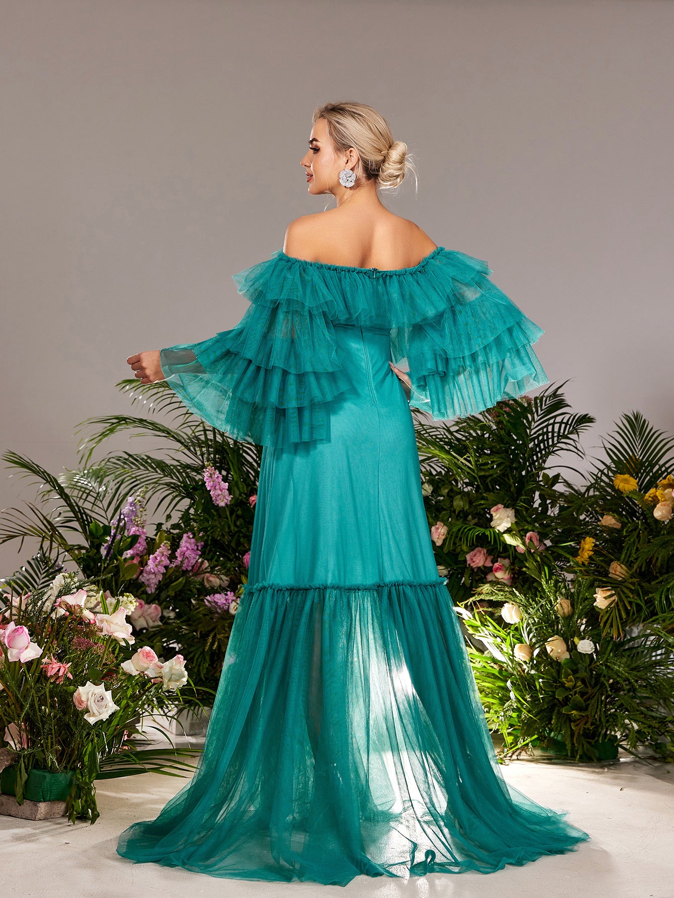 Maternity Off Shoulder Layered Sleeves Tulle Evening Dress