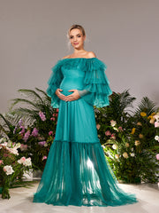 Maternity Off Shoulder Layered Sleeves Tulle Evening Dress