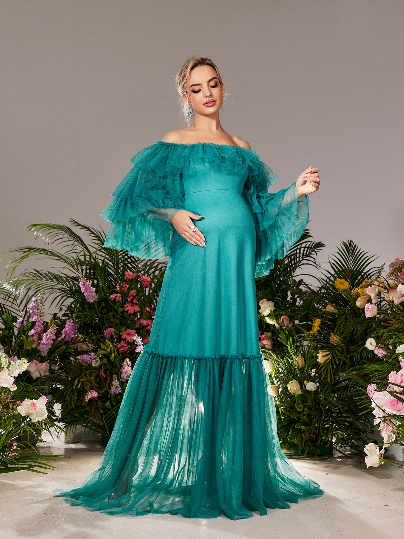 Maternity Off Shoulder Layered Sleeves Tulle Evening Dress