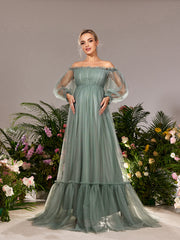 Maternity Ruffle Trim Off Shoulder Lantern Sleeves Tulle Evening Dress