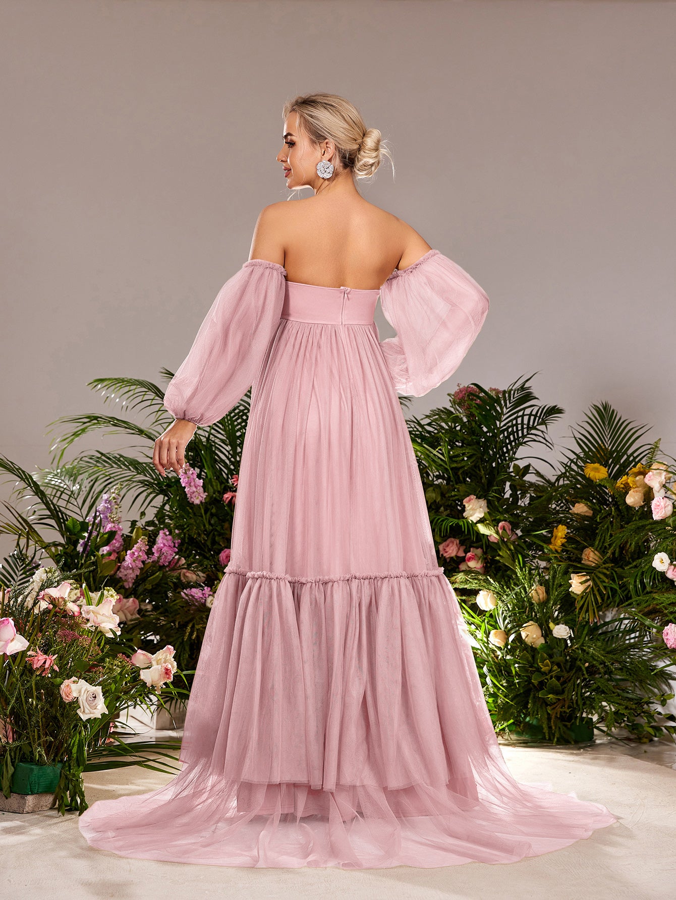 Maternity Off Shoulder Lantern Sleeves Tulle Evening Dress