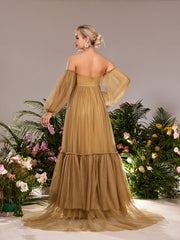 Maternity Off Shoulder Lantern Sleeves Tulle Evening Dress