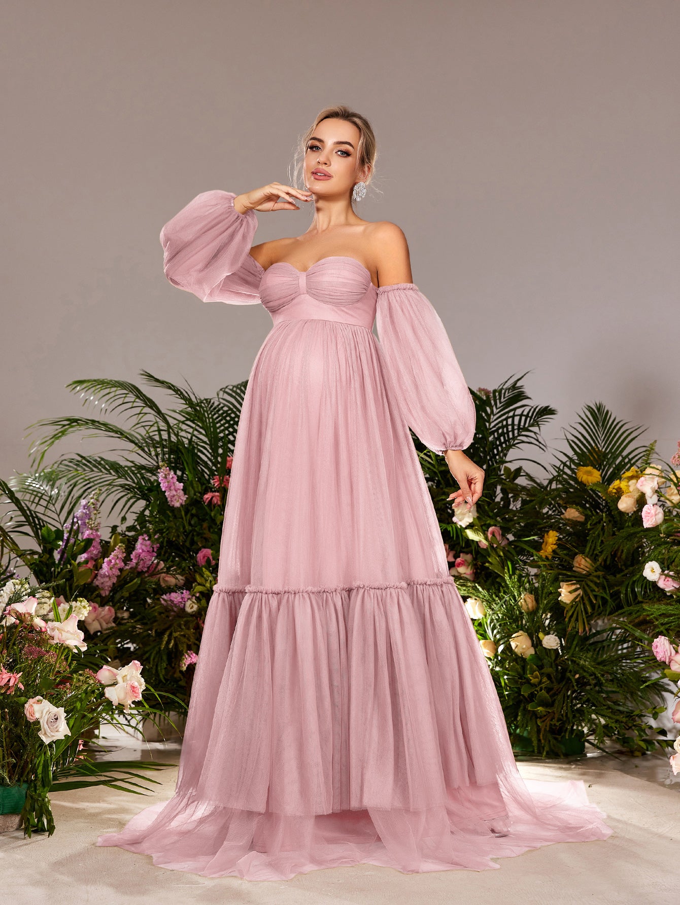 Maternity Off Shoulder Lantern Sleeves Tulle Evening Dress