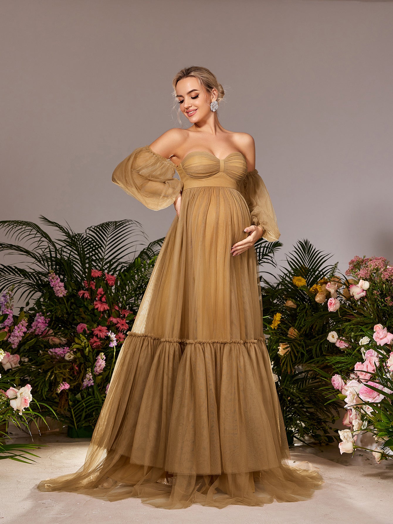 Maternity Off Shoulder Lantern Sleeves Tulle Evening Dress