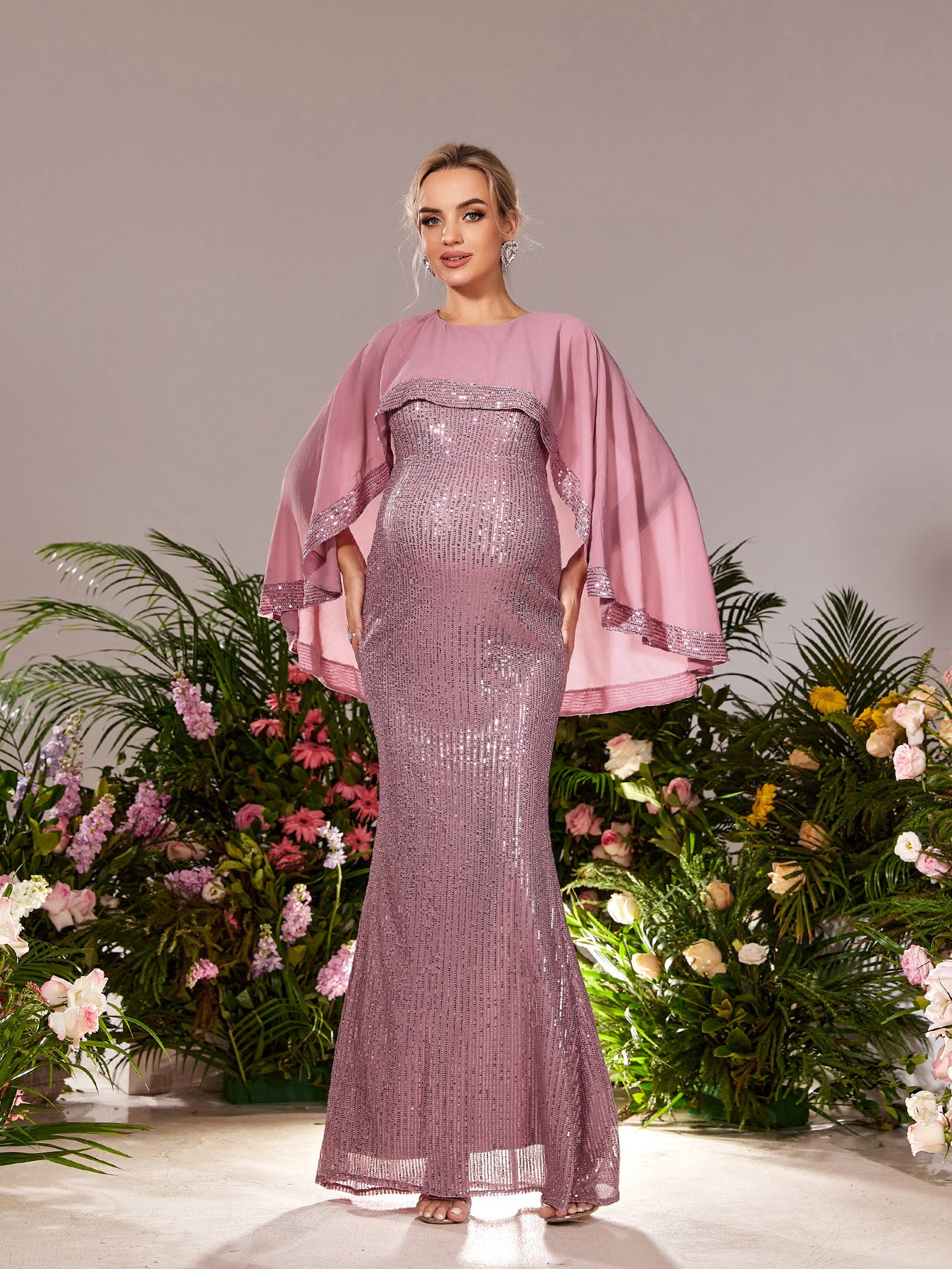 Maternity Round Neck Cape Sleeves Mermaid Hem Sequin Evening Dress