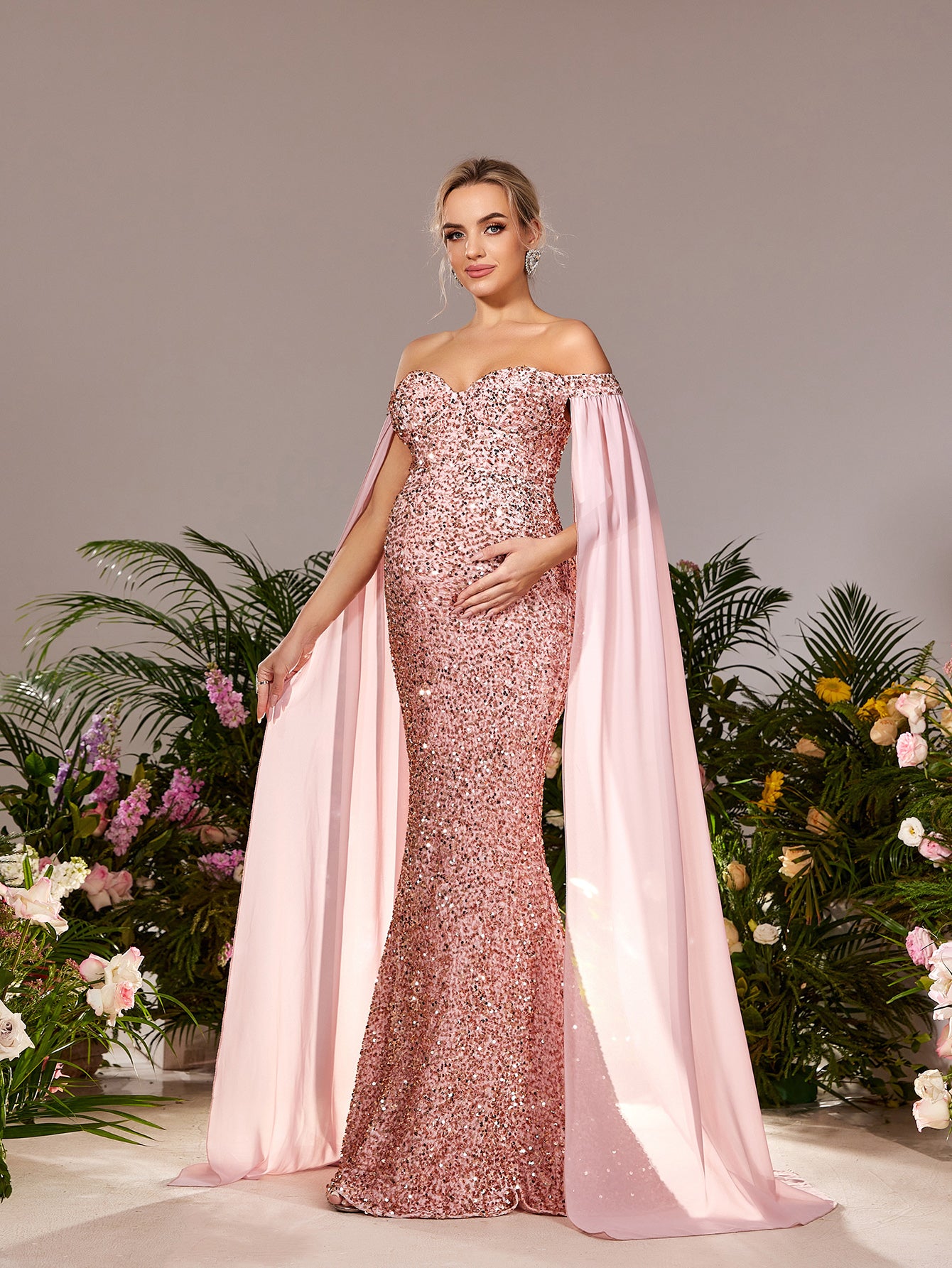 Maternity Off Shoulder Cape Sleeves Mermaid Hem Sequin Formal Dress