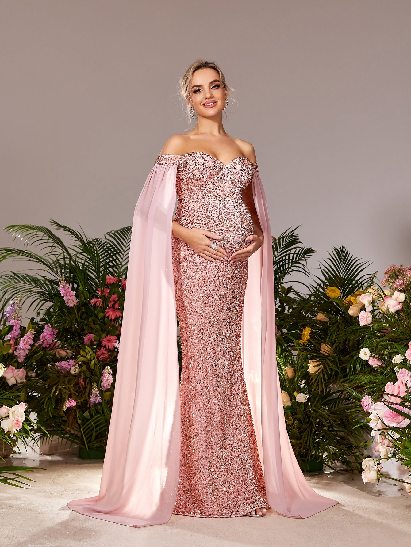 Maternity Off Shoulder Cape Sleeves Mermaid Hem Sequin Formal Dress