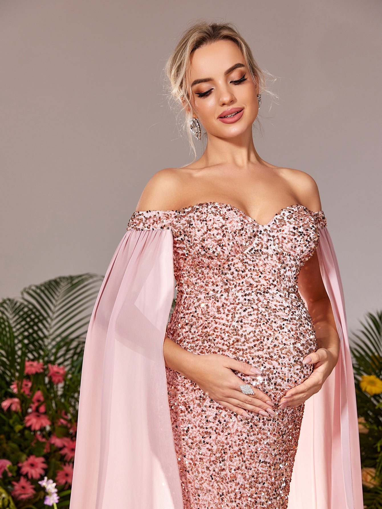 Maternity Off Shoulder Cape Sleeves Mermaid Hem Sequin Formal Dress