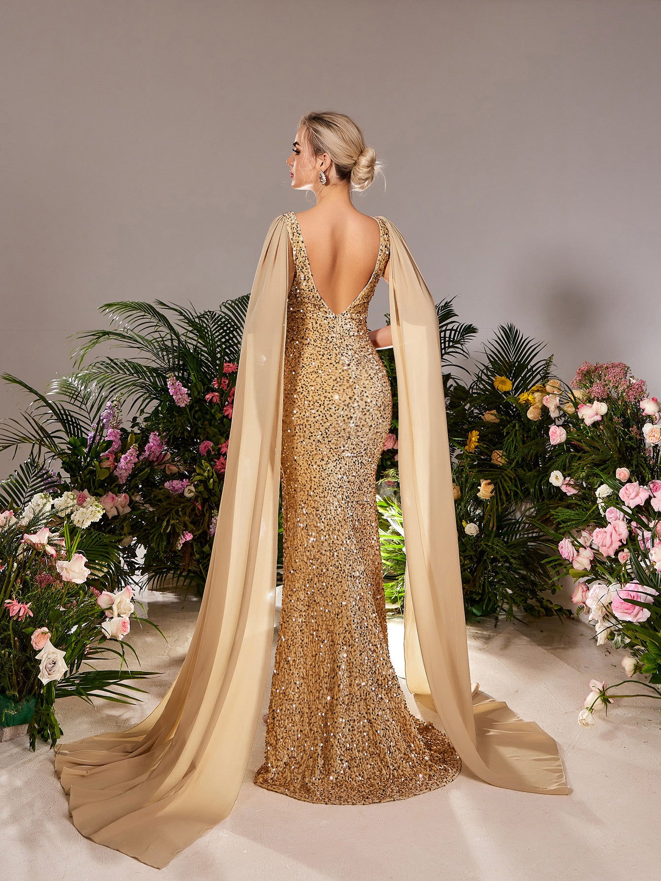 Maternity Plunging Neck Cape Sleeves Mermaid Hem Sequin Evening Dress