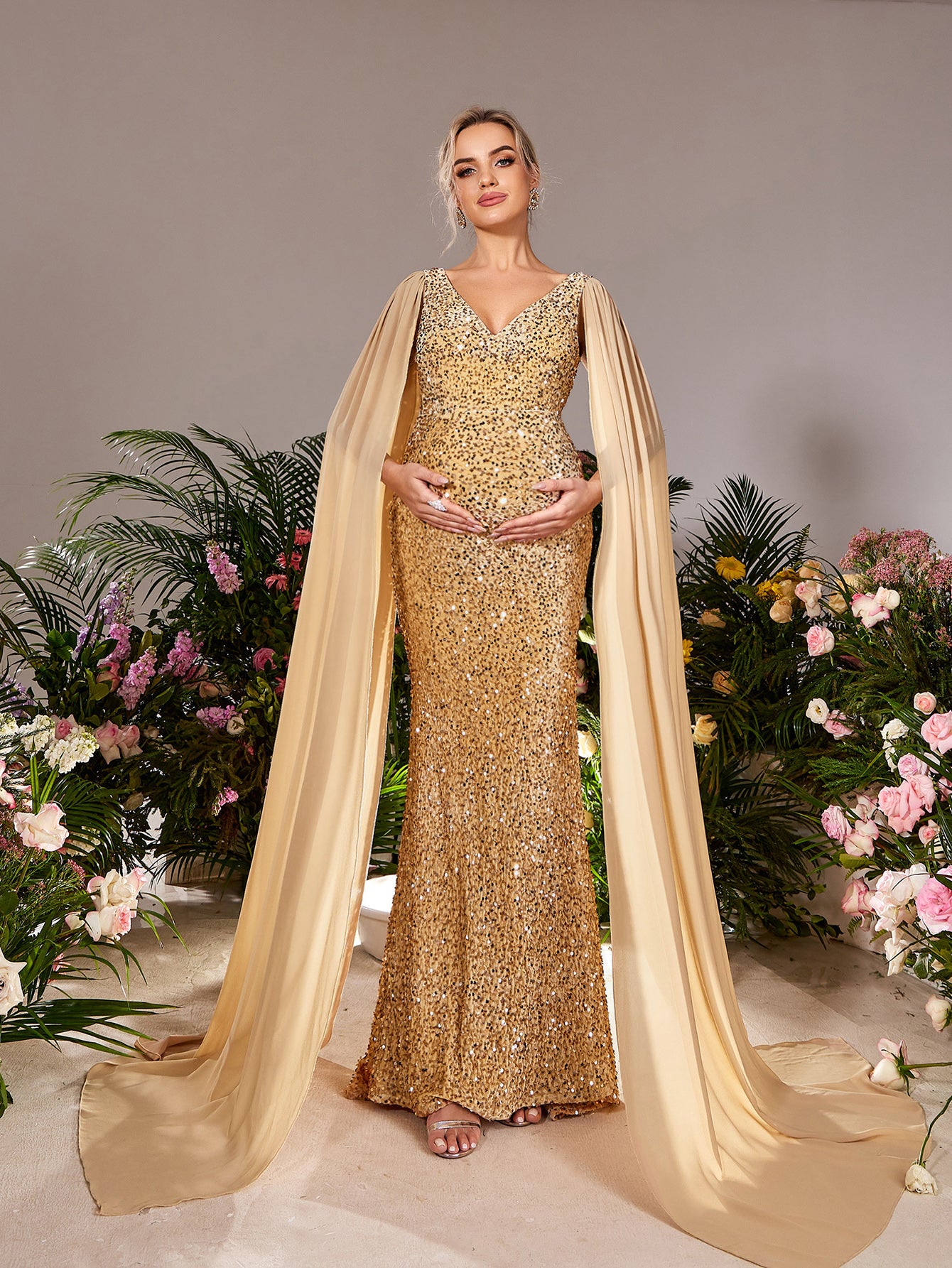 Maternity Plunging Neck Cape Sleeves Mermaid Hem Sequin Evening Dress