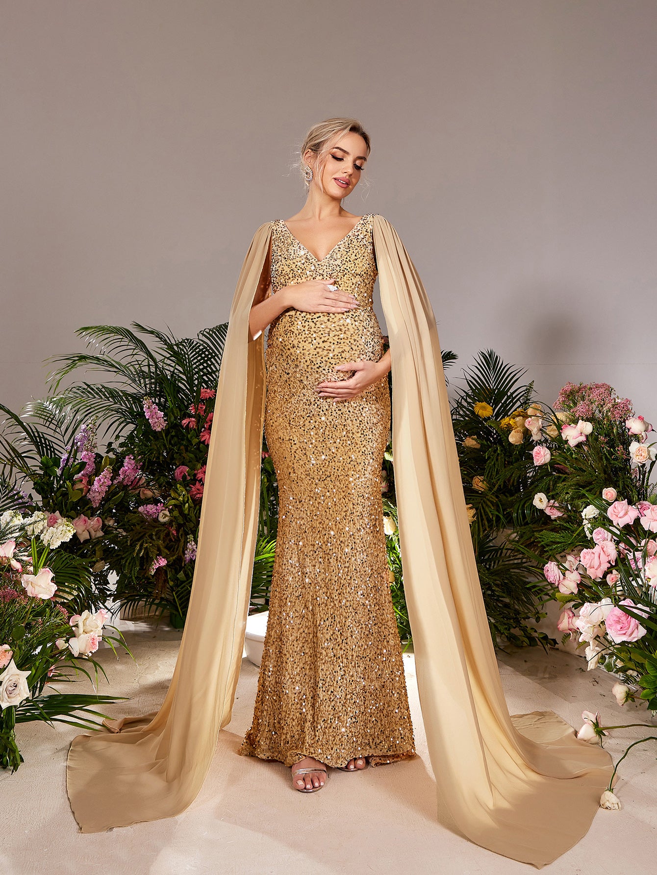 Maternity Plunging Neck Cape Sleeves Mermaid Hem Sequin Evening Dress