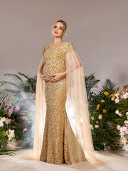 Maternity Square Neck Cape Sleeves Mermaid Hem Sequin Evening Dress