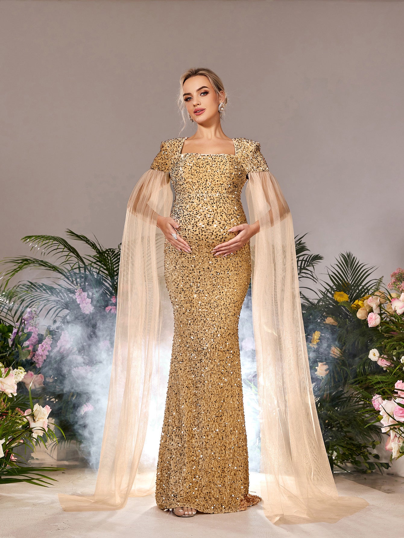 Maternity Square Neck Cape Sleeves Mermaid Hem Sequin Evening Dress