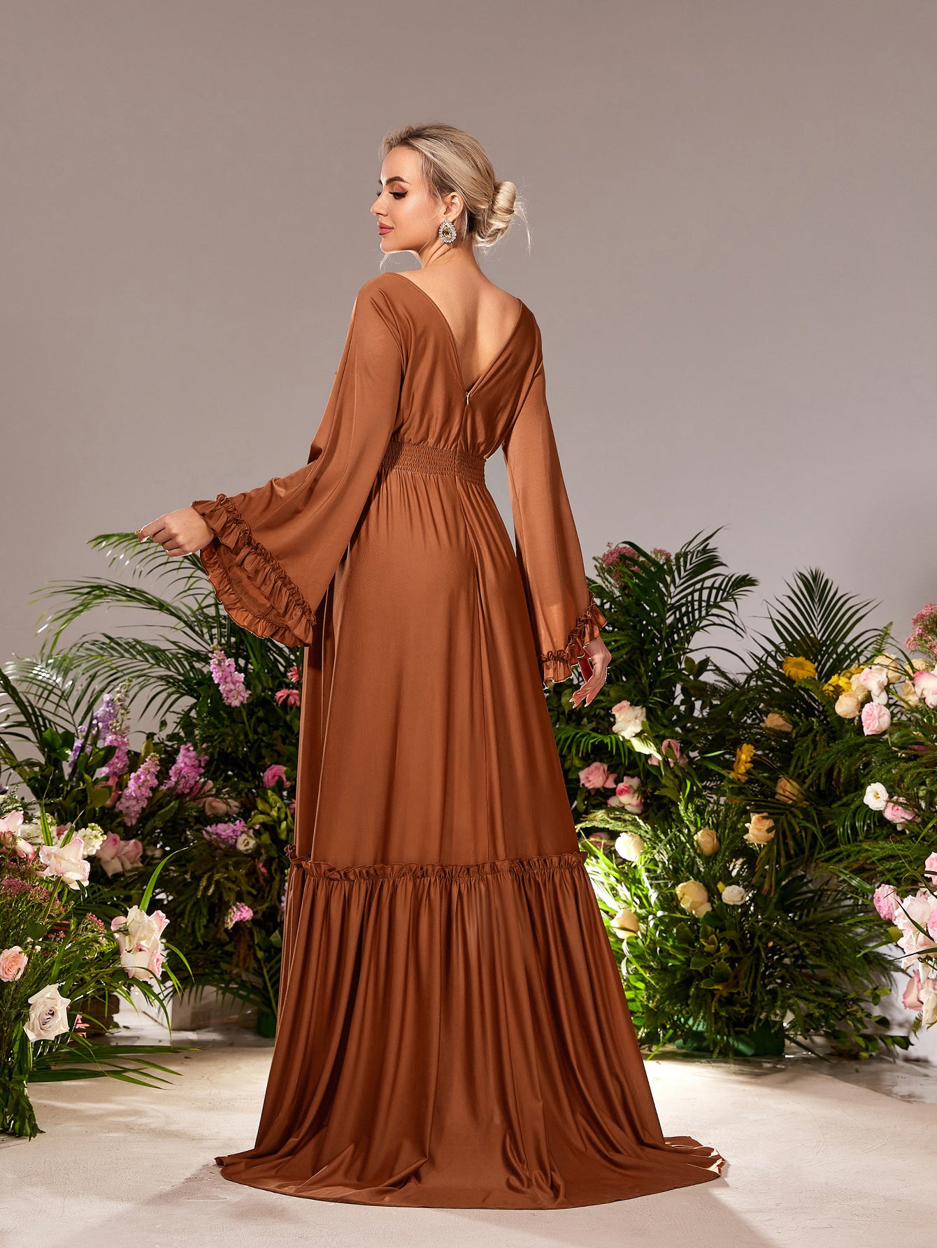 Maternity V Neck Flared Sleeves Formal Evening Dress