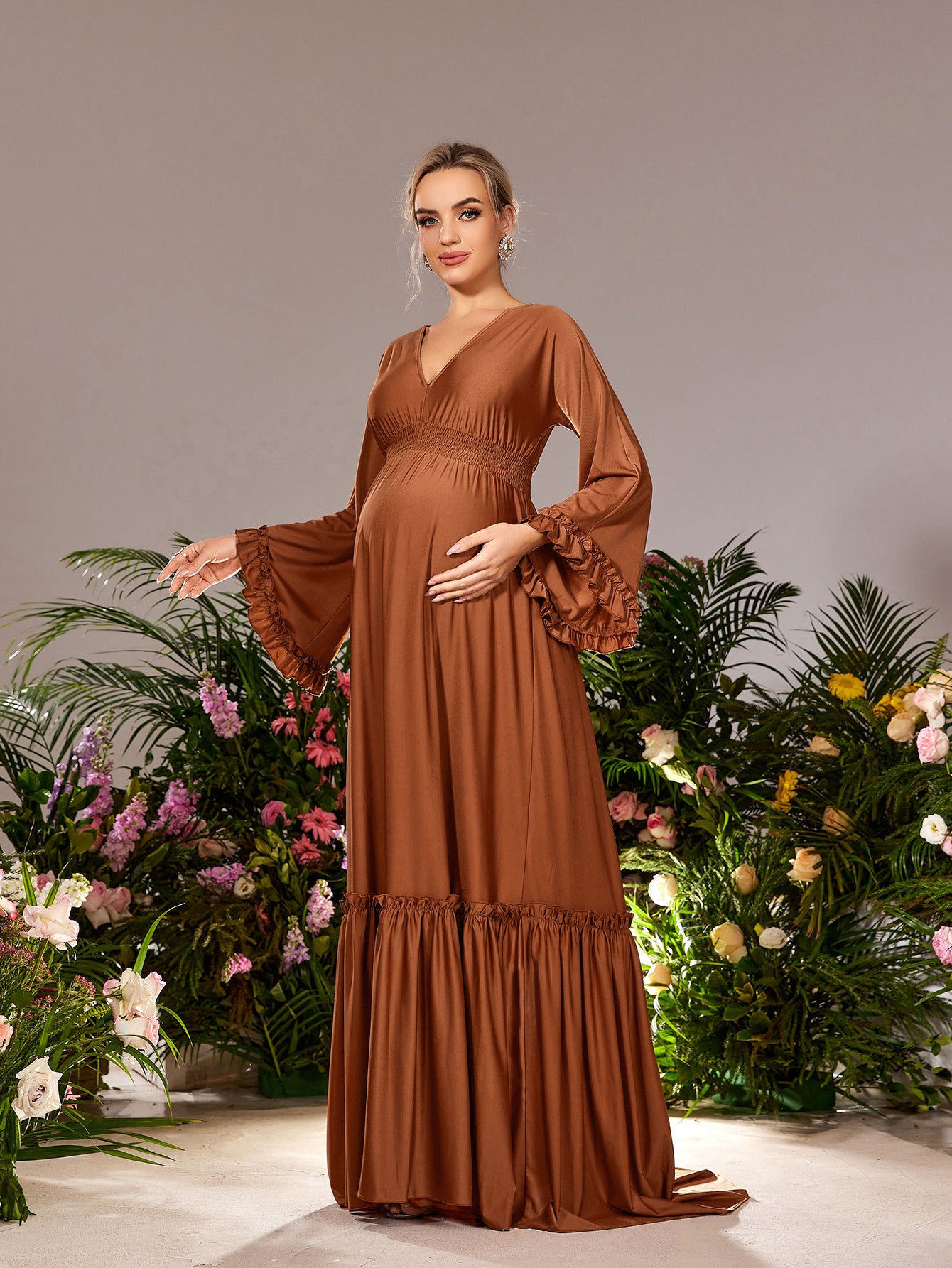 Maternity V Neck Flared Sleeves Formal Evening Dress