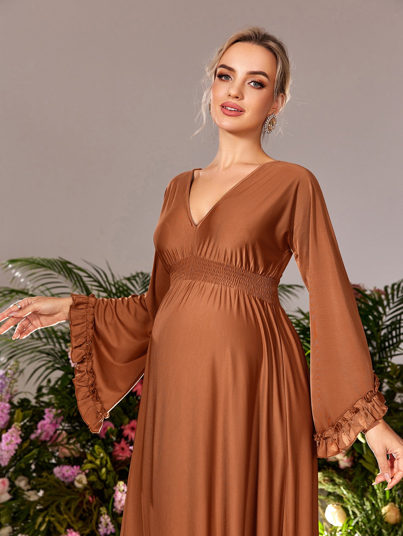 Maternity V Neck Flared Sleeves Formal Evening Dress