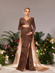 Maternity Surplice Neck Long Sleeves Mermaid Hem Sequin Evening Dress