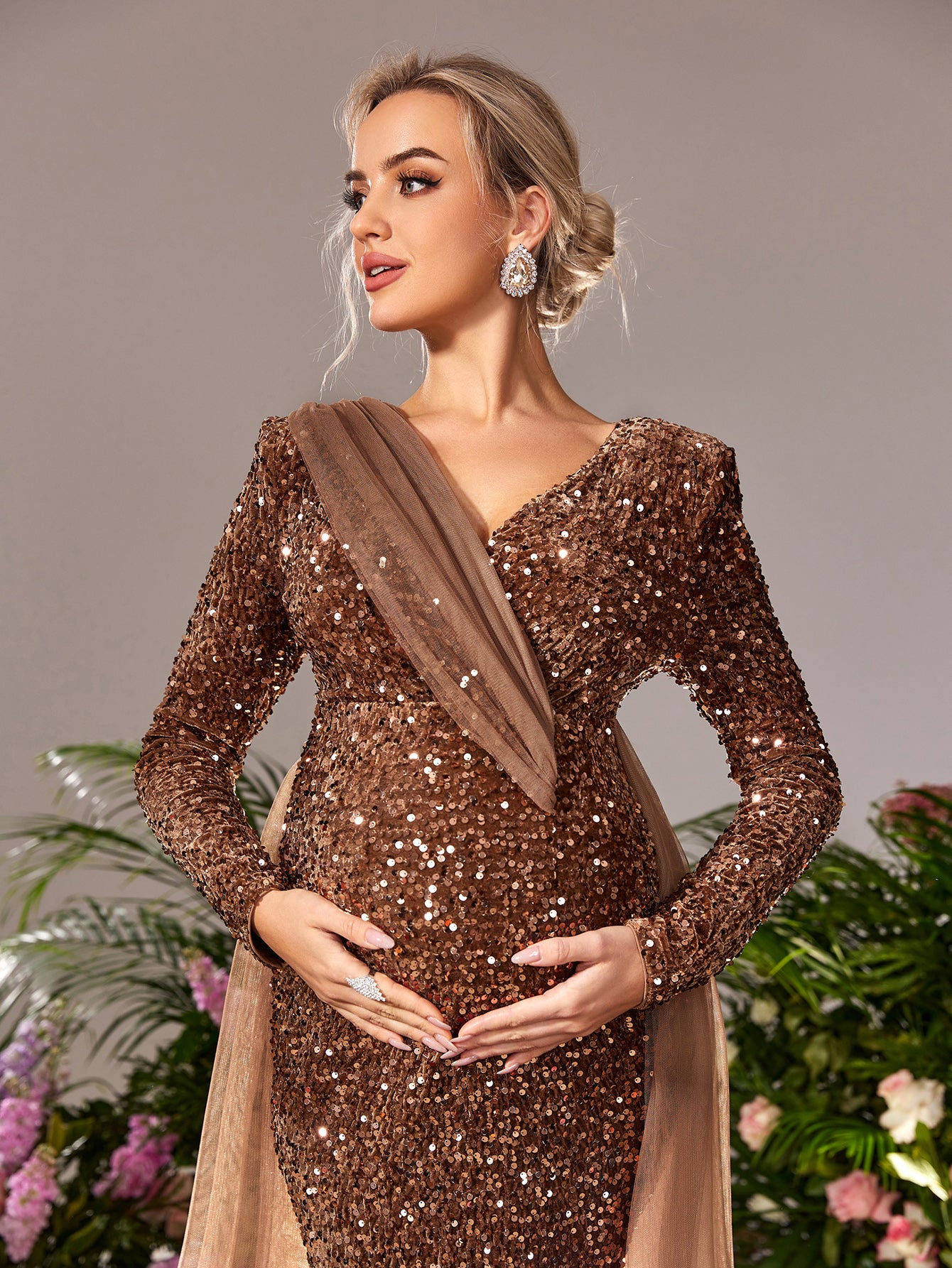 Maternity Surplice Neck Long Sleeves Mermaid Hem Sequin Evening Dress