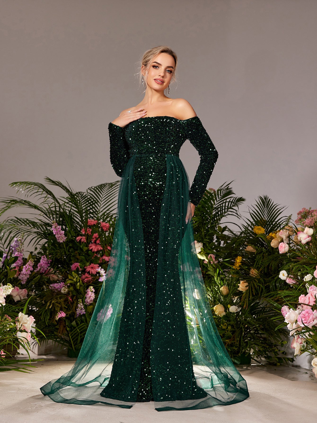 Maternity Off Shoulder Long Sleeves Mesh Overlay Mermaid Hem Sequin Evening Dress