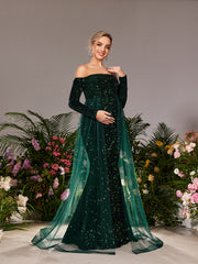 Maternity Off Shoulder Long Sleeves Mesh Overlay Mermaid Hem Sequin Evening Dress