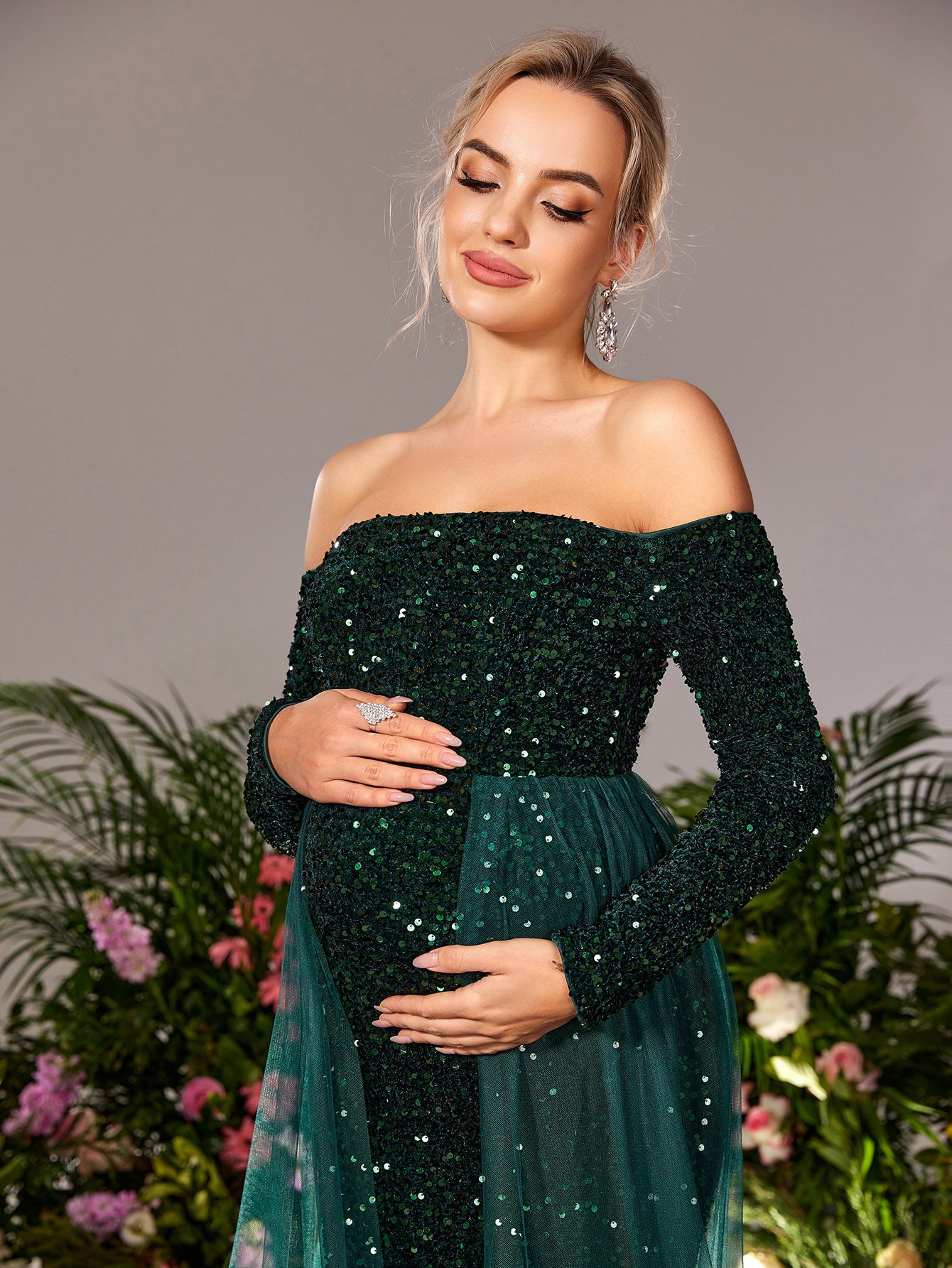 Maternity Off Shoulder Long Sleeves Mesh Overlay Mermaid Hem Sequin Evening Dress