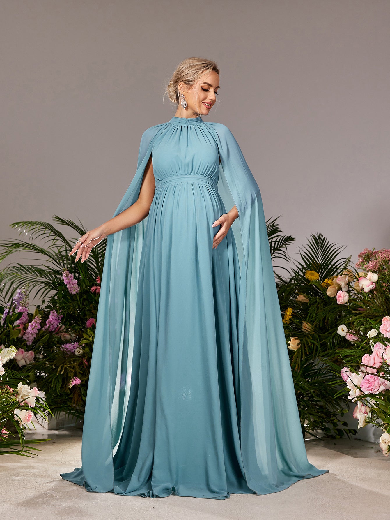 Maternity Mock Neck Cape Sleeves Chiffon Evening Dress