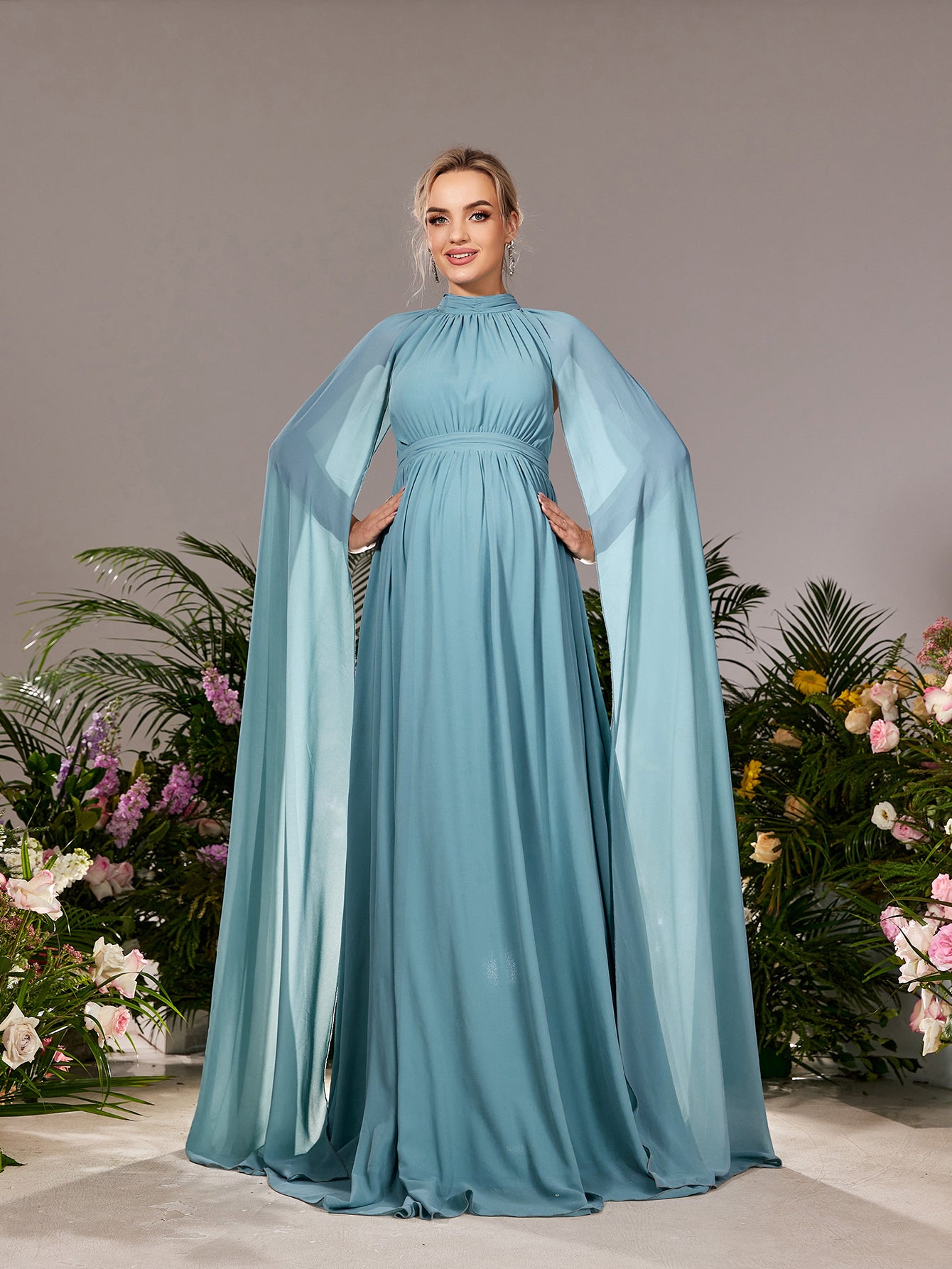 Maternity Mock Neck Cape Sleeves Chiffon Evening Dress