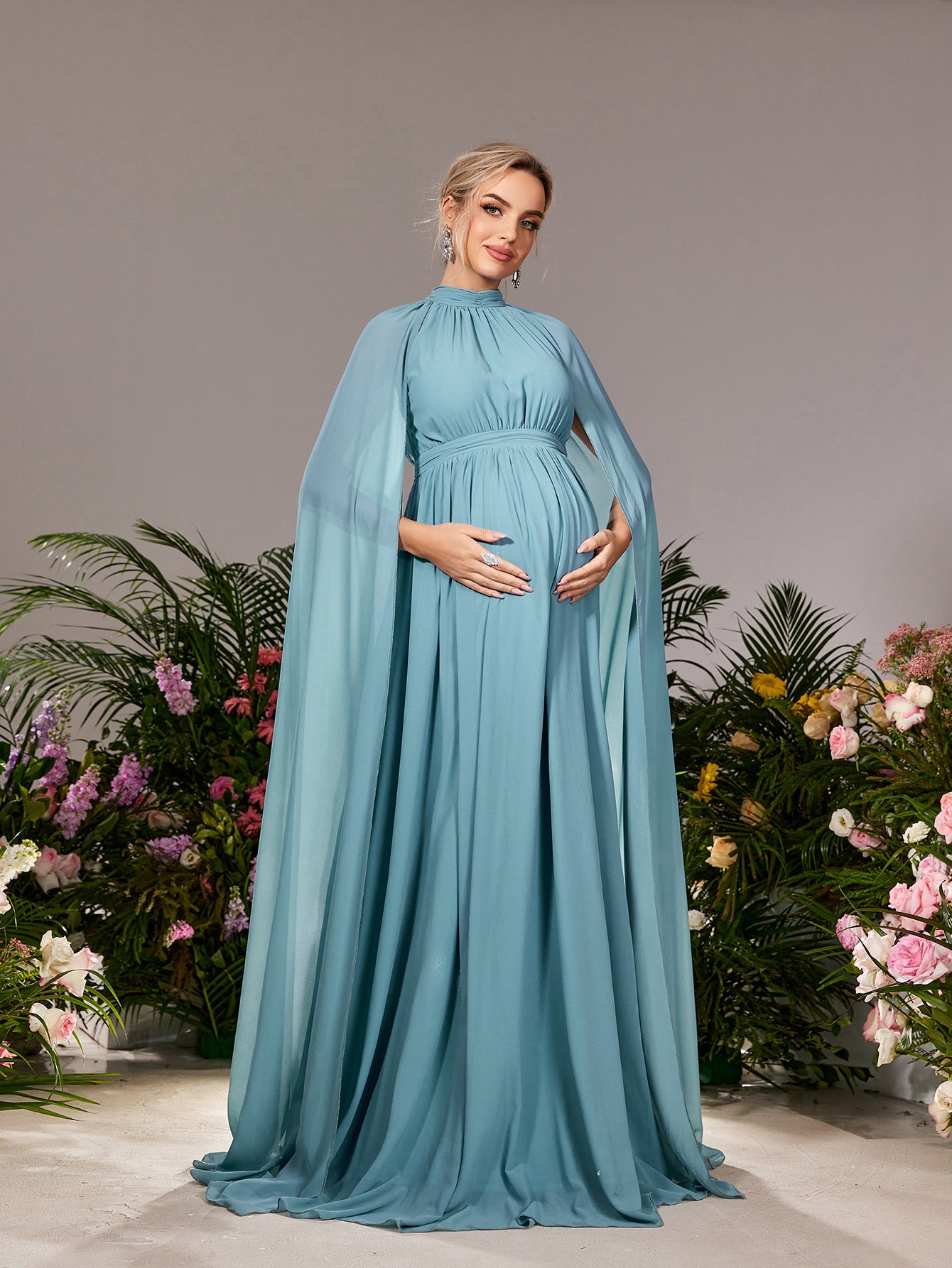 Maternity Mock Neck Cape Sleeves Chiffon Evening Dress