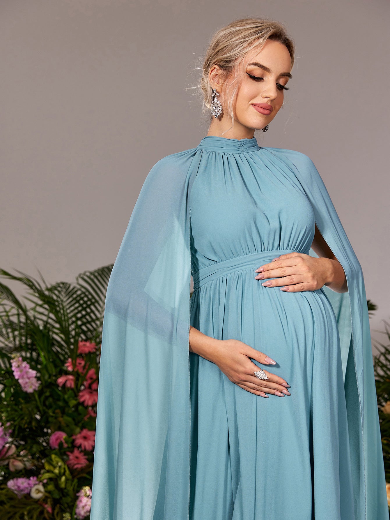 Maternity Mock Neck Cape Sleeves Chiffon Evening Dress