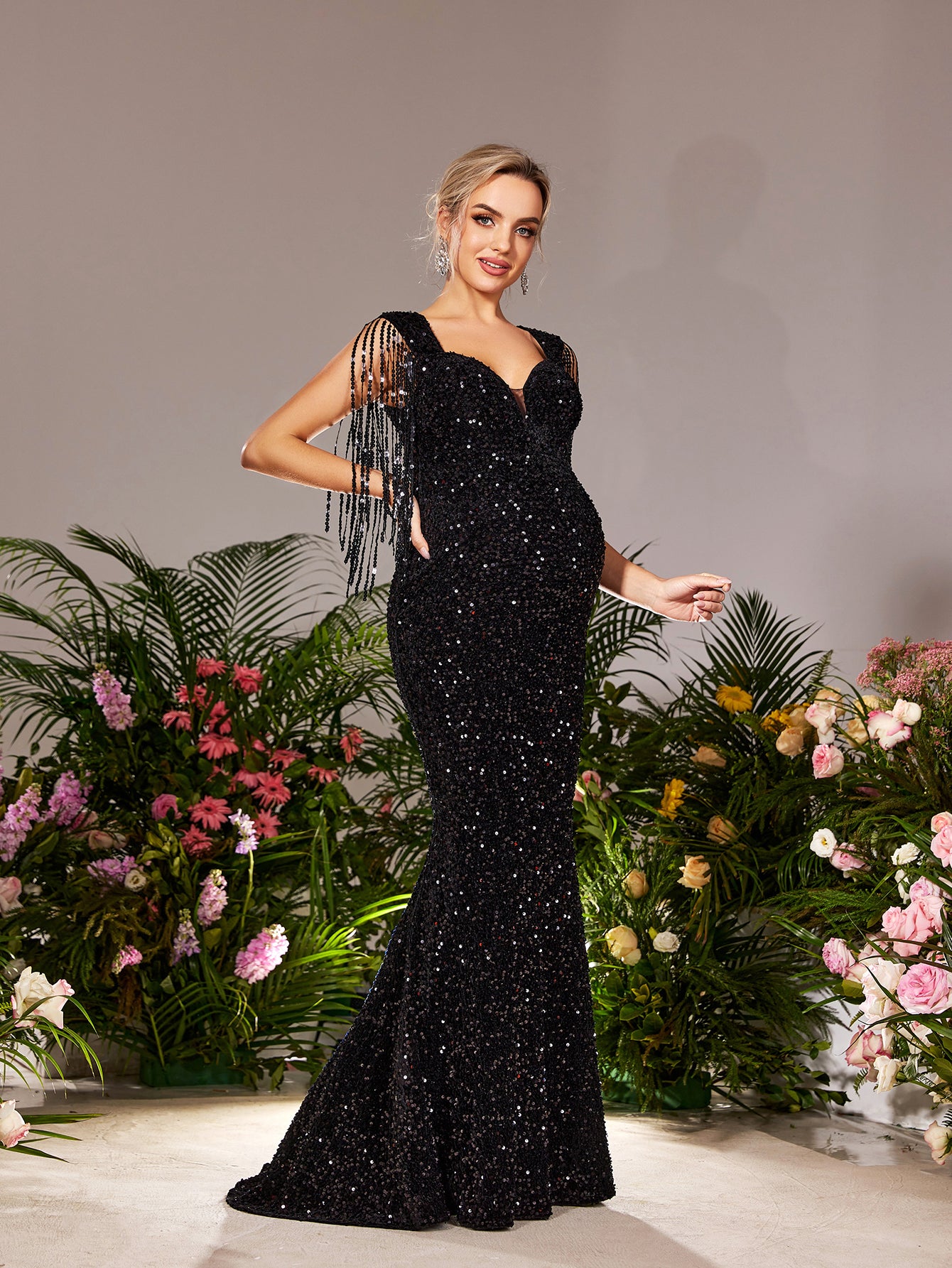 Maternity Sweetheart Neck Mermaid Hem Fringed Sequin Evening Dress