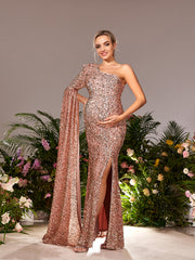 Maternity One Shoulder Extra Single Long Sleeve Mermaid Hem Sequin Formal Dress