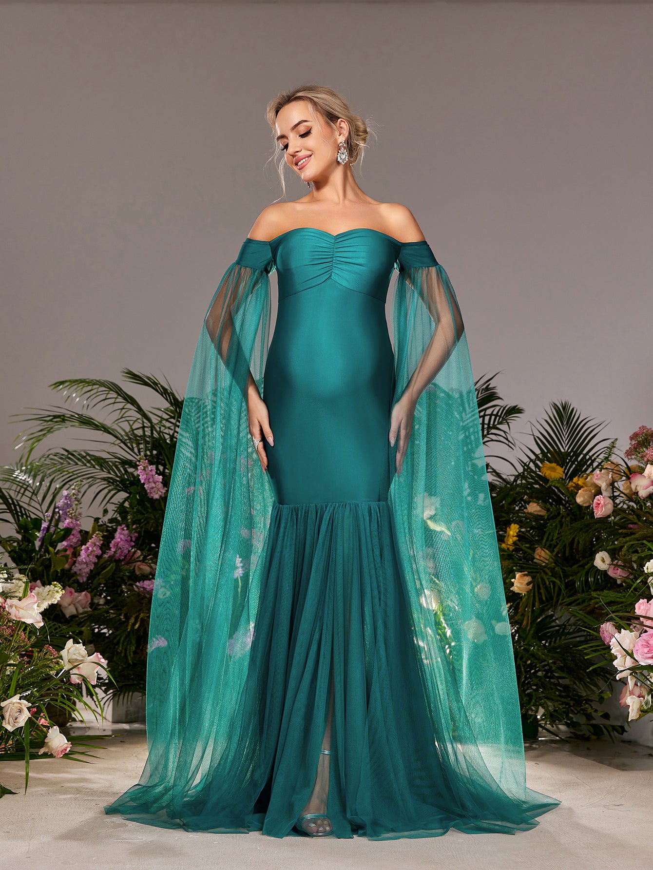 Maternity Off Shoulder Cloak Sleeves Mermaid Hem Evening Dress