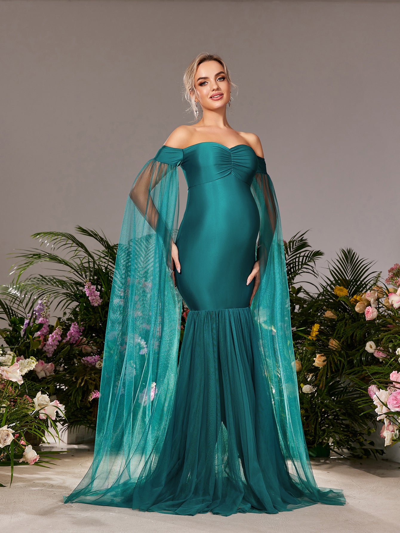 Maternity Off Shoulder Cloak Sleeves Mermaid Hem Evening Dress