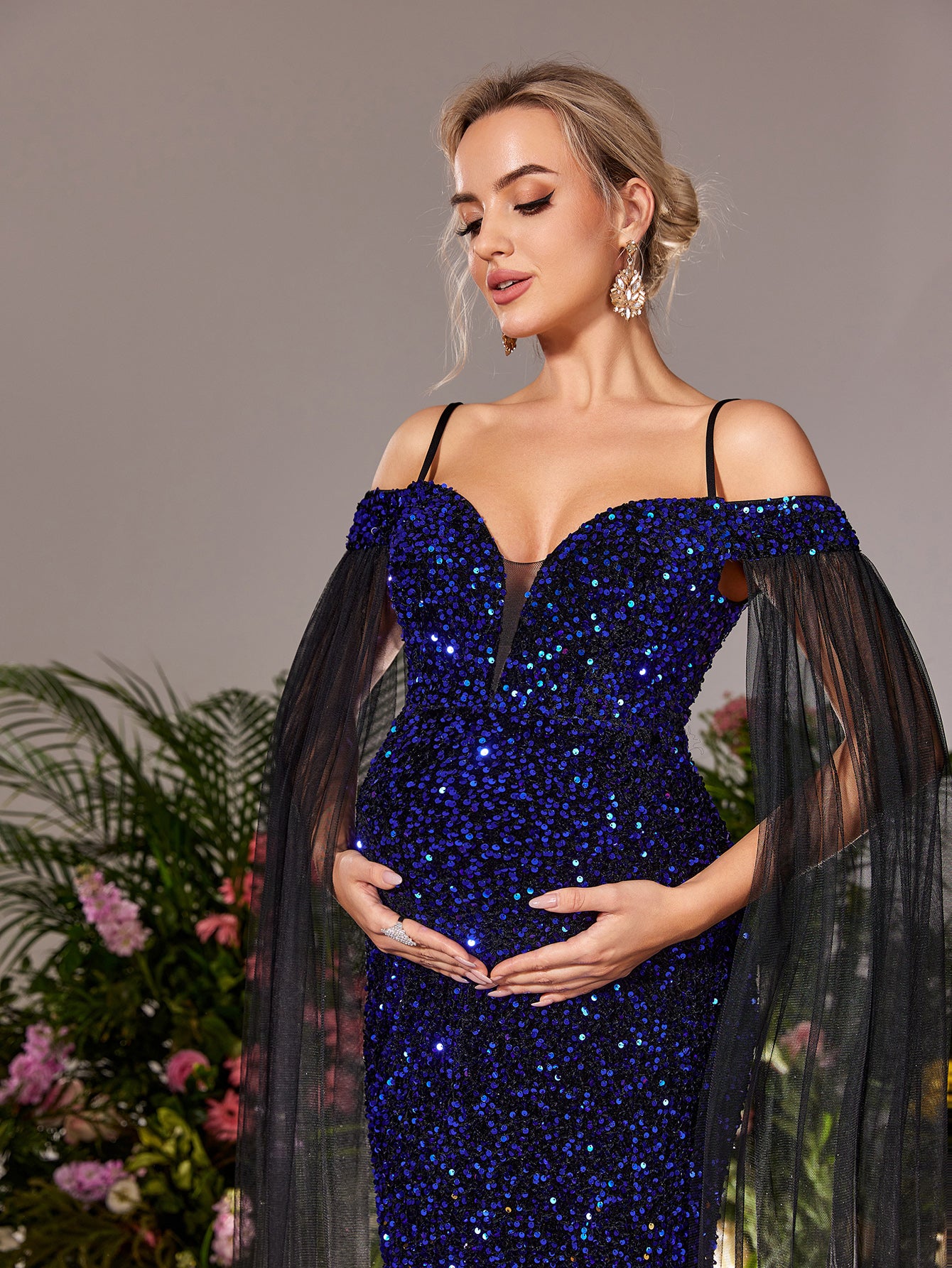 Maternity Cold Shoulder Cape Sleeves Mermaid Hem Ombre Sequin Formal Dress