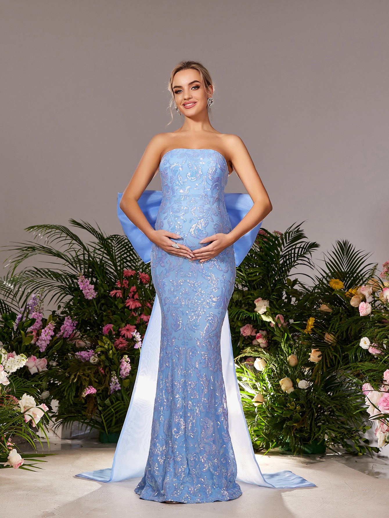 Maternity Bow Back Strapless Mermaid Hem Sequin Evening Dress