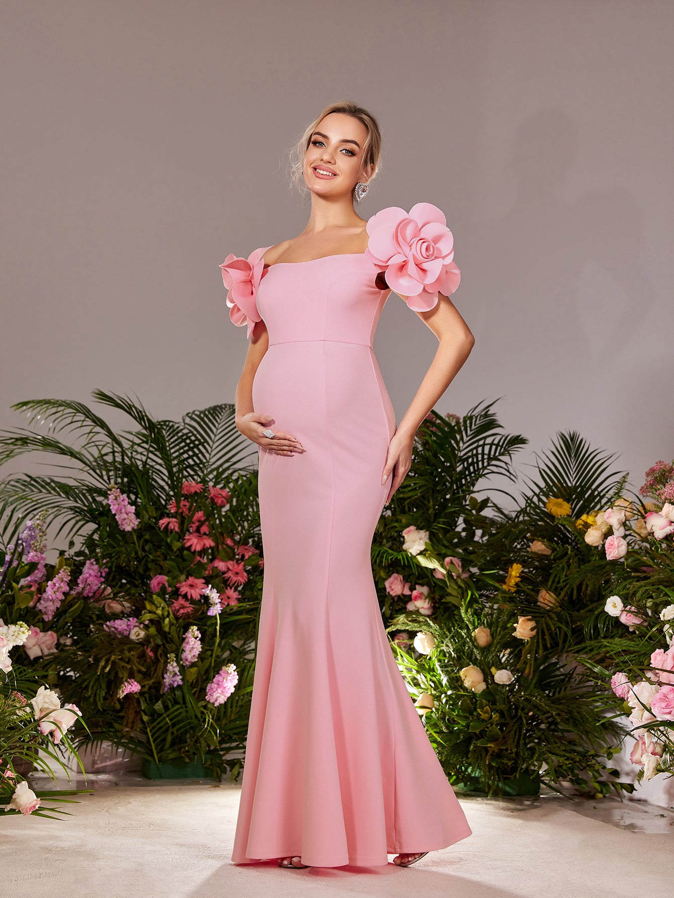 Maternity  Stereo Flower Off Shoulder Mermaid Hem Evening Dress