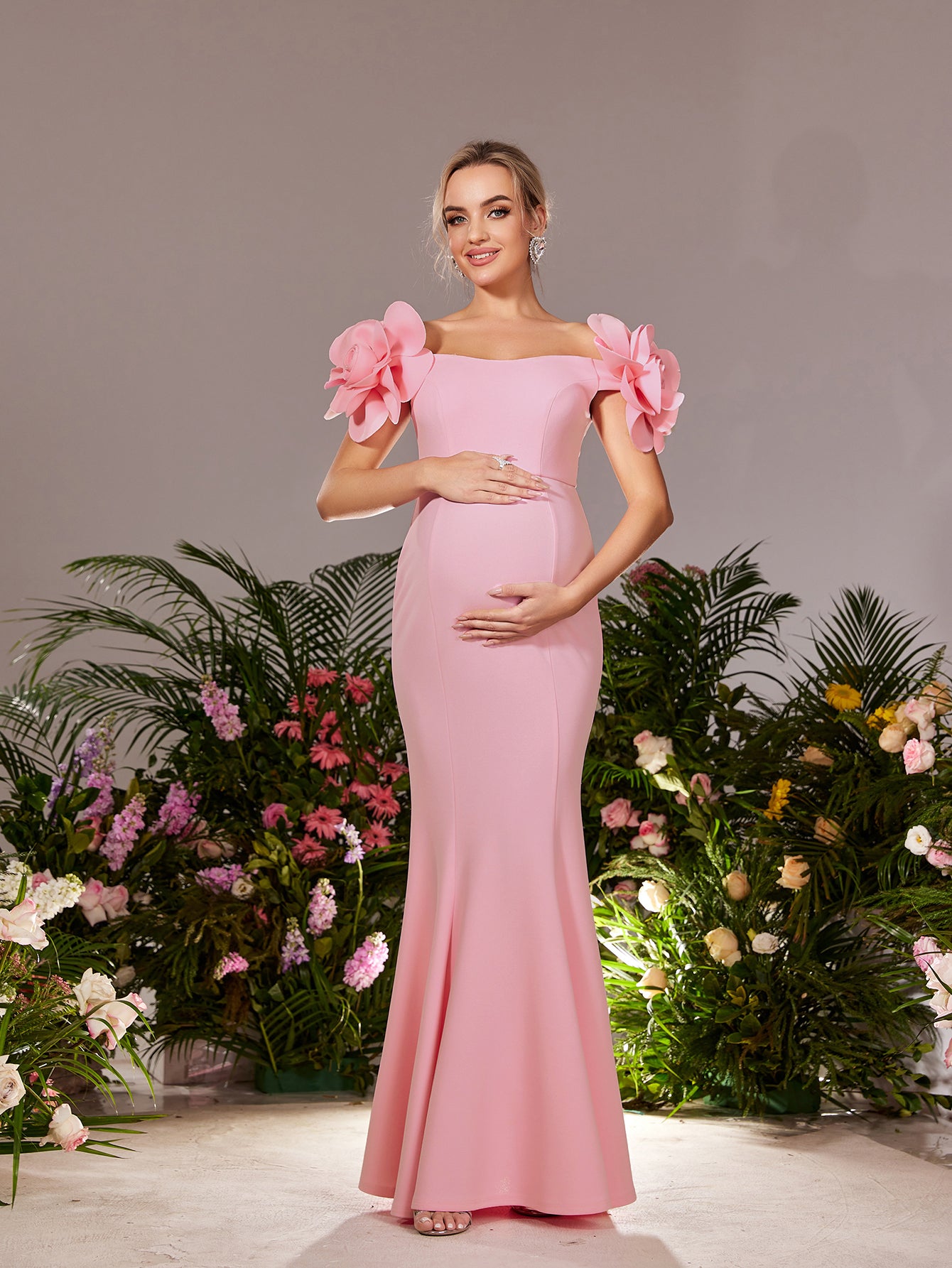 Maternity  Stereo Flower Off Shoulder Mermaid Hem Evening Dress