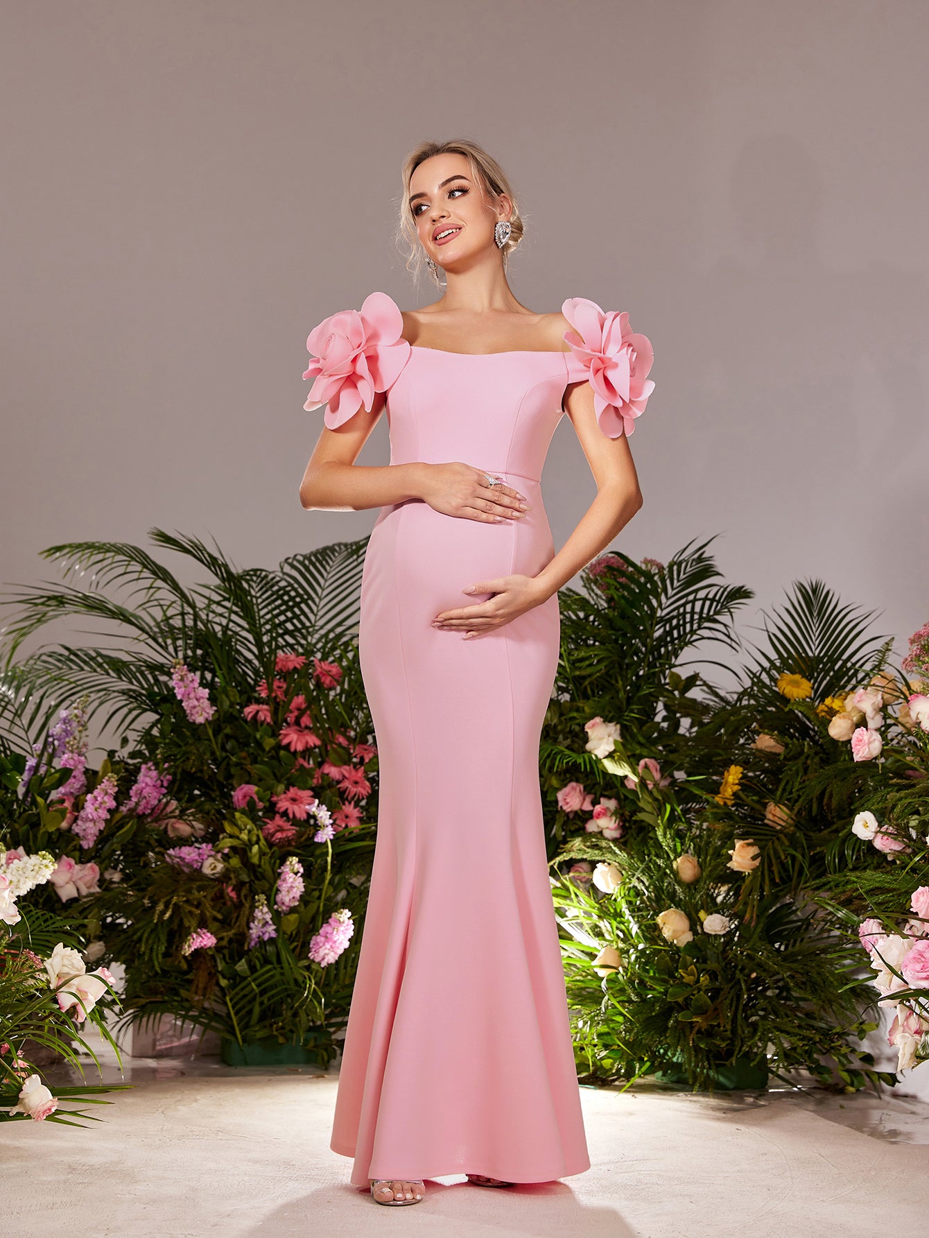 Maternity  Stereo Flower Off Shoulder Mermaid Hem Evening Dress