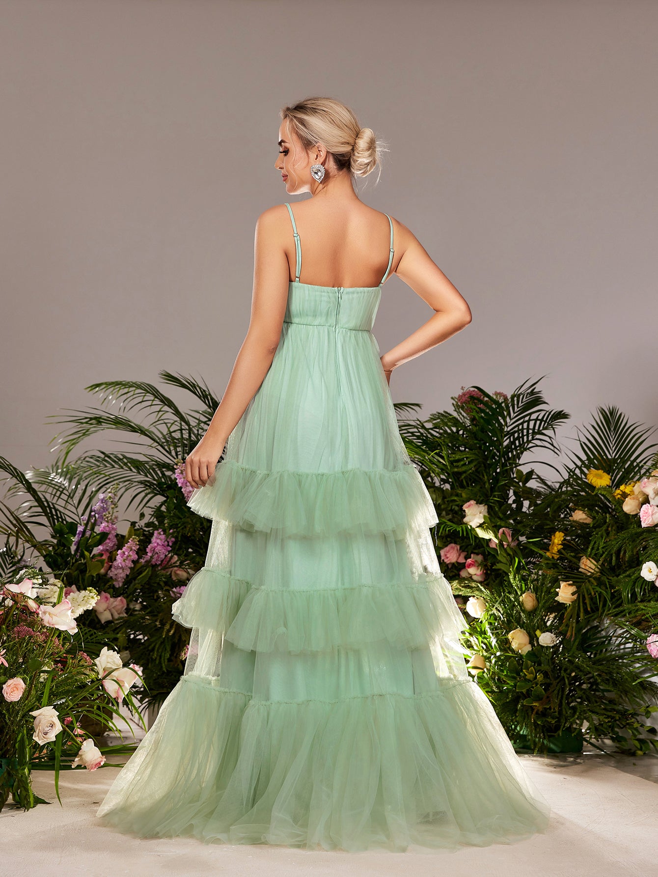 Maternity Ruffle Layered Hem Tulle Cami Prom Dress