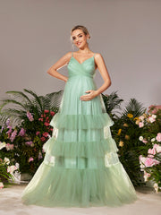 Maternity Ruffle Layered Hem Tulle Cami Prom Dress