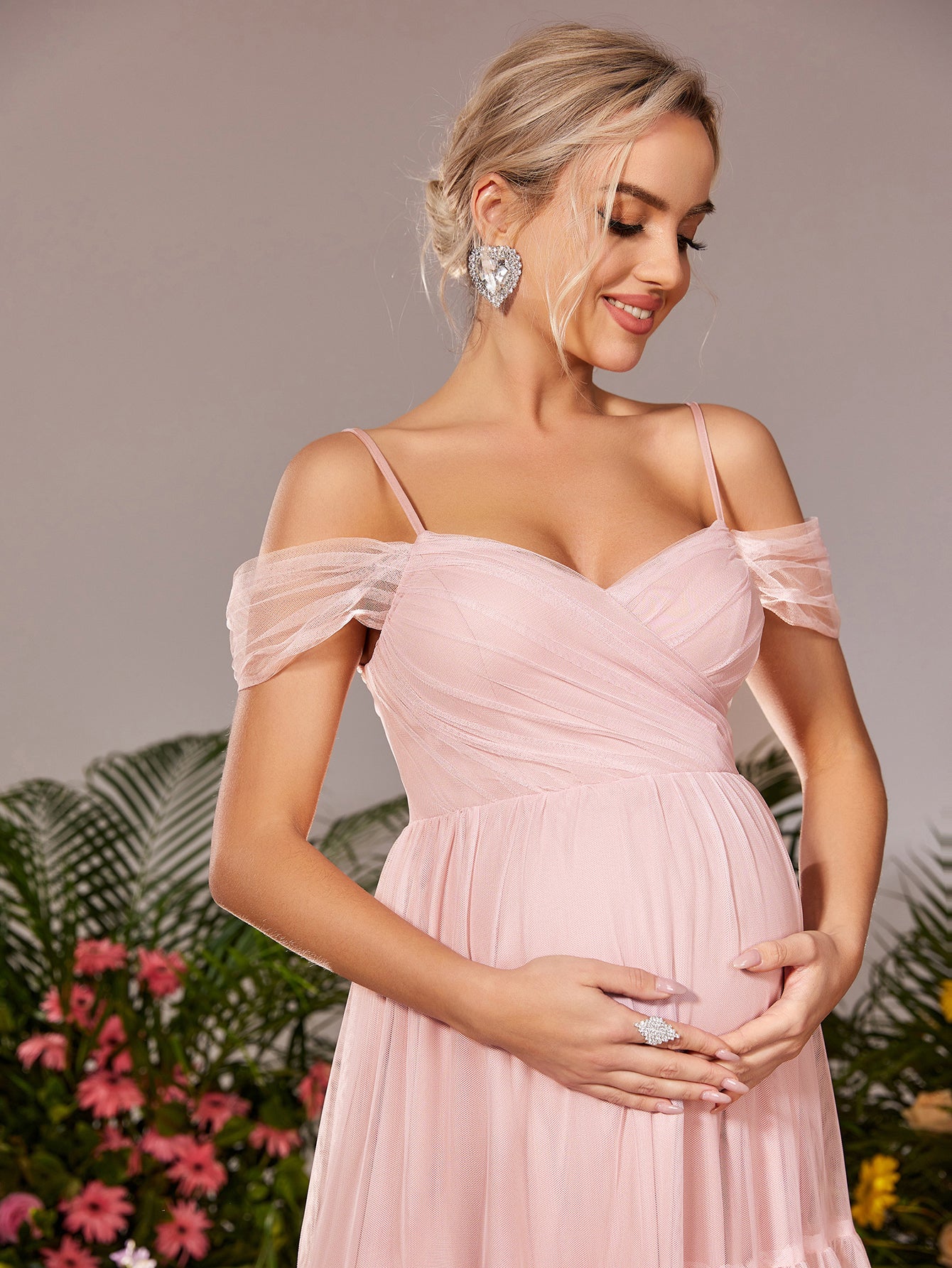 Maternity Cold Shoulder Ruffle Layered Hem Tulle Cami Prom Dress