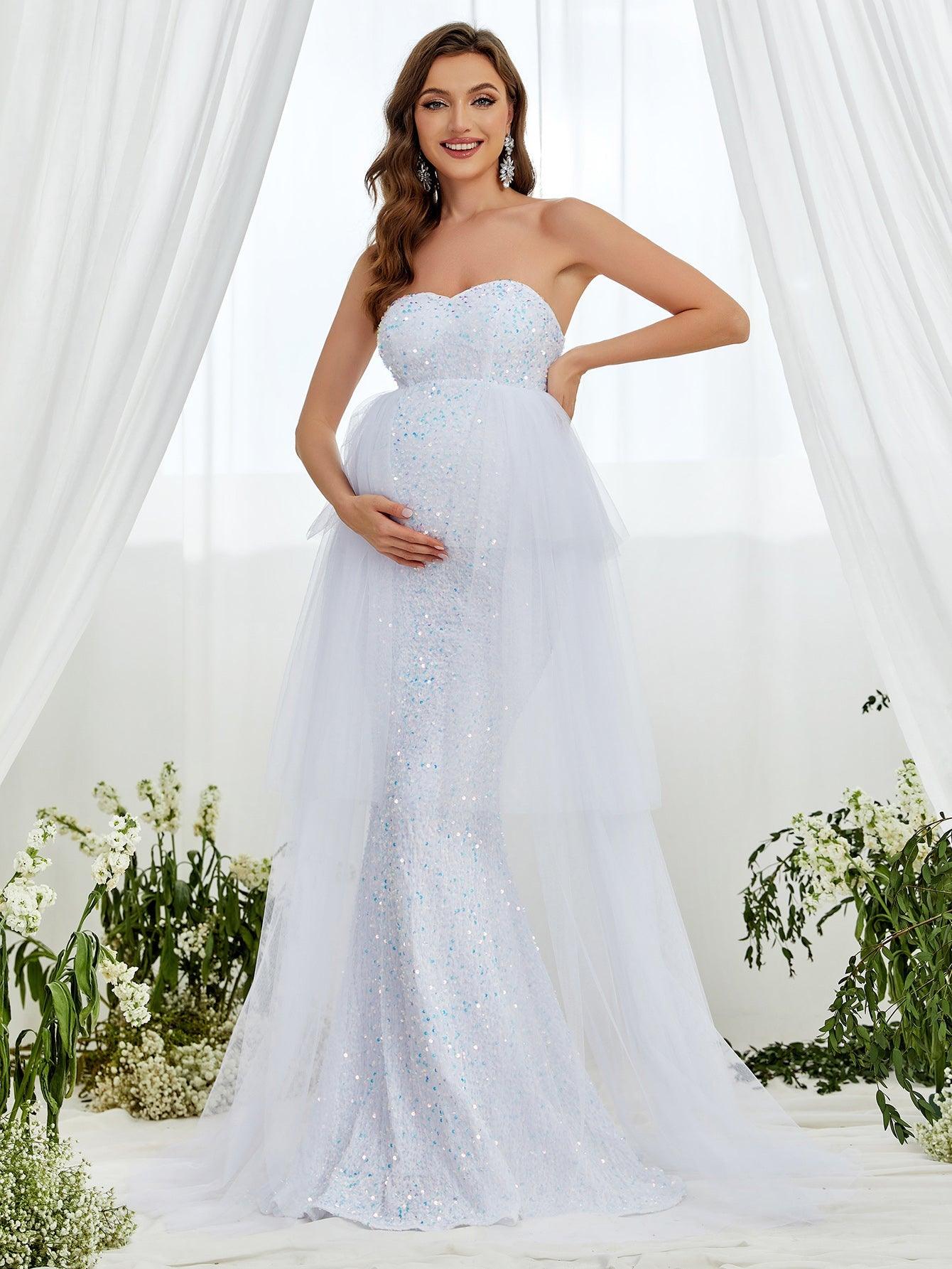 Maternity Mesh Overlay Mermaid Hem Sequin Tube Dress - Elonnashop