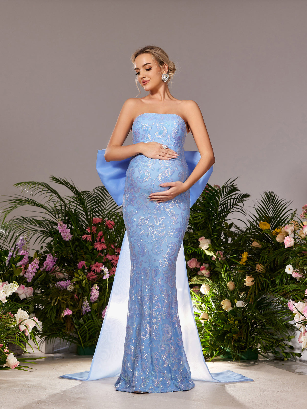 Maternity Bow Back Strapless Mermaid Hem Sequin Evening Dress